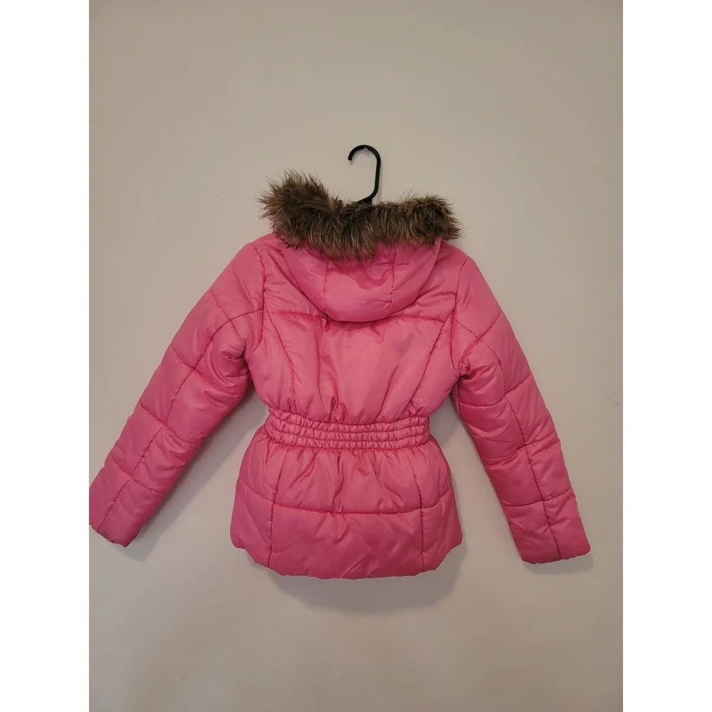 R1881 By S.Rothschild L(14) Pink Puffer Jacket Hooded Faux Fur Big Girls Neon